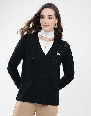MONTE CARLO Self Design V Neck Casual Women Black Sweater