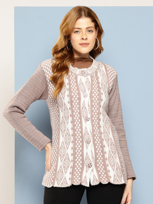 METRONAUT Printed Round Neck Casual Women Beige Sweater