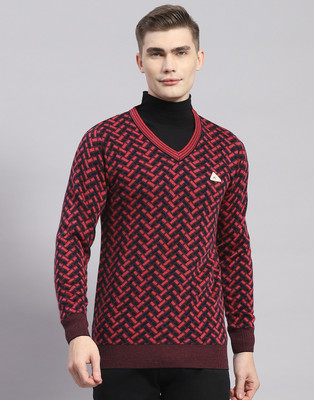 MONTE CARLO Self Design V Neck Casual Men Pink Sweater