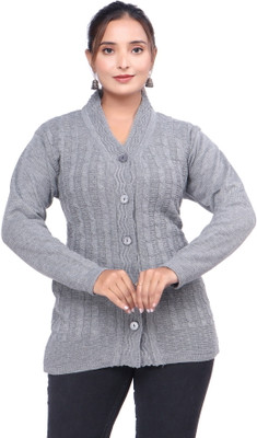 WOOL 4U Solid V Neck Casual Women Grey Sweater