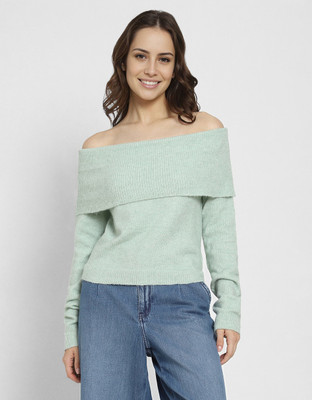 American Eagle Solid Off Shoulder Casual Women Green Sweater