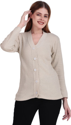 BRAZO Self Design V Neck Casual Women Beige Sweater