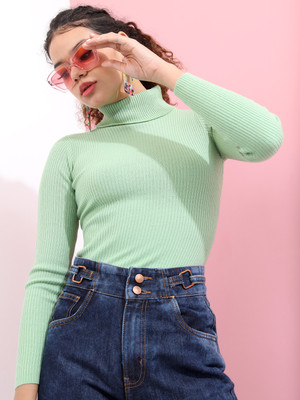Tokyo Talkies Solid High Neck Casual Women Green Sweater