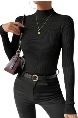 ANBA Solid, Striped High Neck Casual Women Reversible Black Sweater