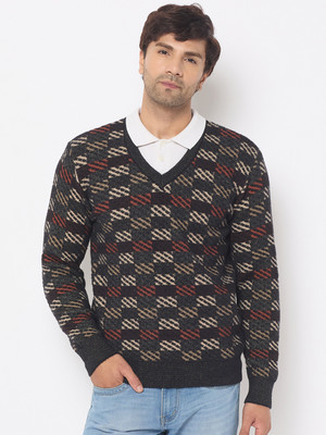 DUKE Checkered V Neck Casual Men Multicolor Sweater