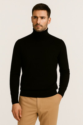 MELLOWMEN Solid High Neck Casual Men Black Sweater