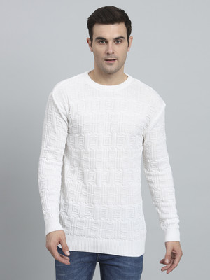eWools Self Design Round Neck Casual Men White Sweater