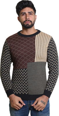 Grand Line Geometric Print Round Neck Casual Men Black, Brown Sweater