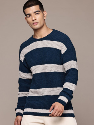 Roadster Striped Round Neck Casual Men Brown Sweater