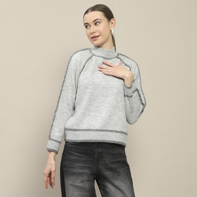 MADAME Solid Round Neck Casual Women Grey Sweater