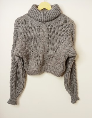 Moswa Woven, Self Design Turtle Neck Casual Women Grey Sweater