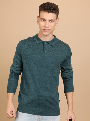 HIGHLANDER Solid Round Neck Casual Men Green Sweater