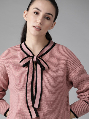 Roadster Self Design V Neck Casual Women Pink Sweater