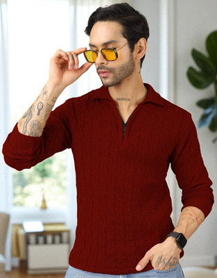 Plus91 Self Design Collared Neck Casual Men Maroon Sweater