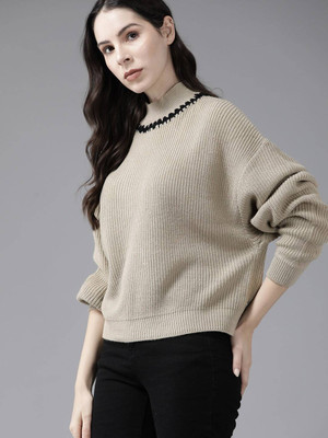Roadster Printed Turtle Neck Casual Women Beige Sweater