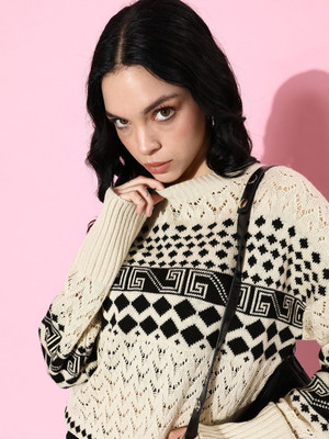 Roadster Self Design Round Neck Casual Women White Sweater