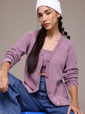 Roadster Printed V Neck Casual Women Purple Sweater