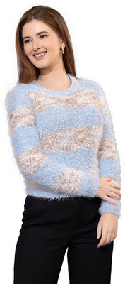 GFO Striped Round Neck Casual Women Blue Sweater