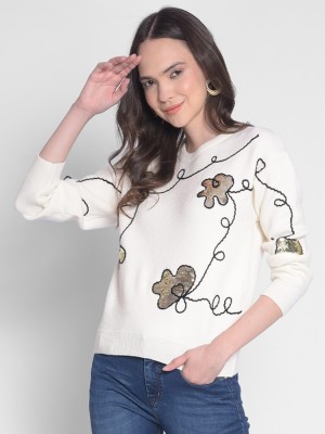 CRIMSOUNE CLUB Printed Round Neck Casual Women White Sweater