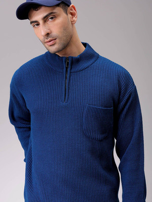 The Indian Garage Co. Self Design Round Neck Casual Men Dark Blue Sweater
