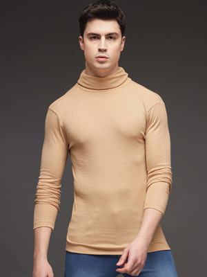 TANDUL Solid Turtle Neck Casual Men Beige Sweater