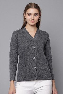 hifzaa Self Design V Neck Casual Women Grey Sweater