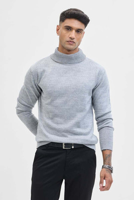 Snitch Self Design Turtle Neck Casual Men Grey Sweater