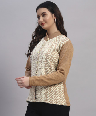 MOD YOUNG Printed Mandarin Neck Casual Women Beige Sweater