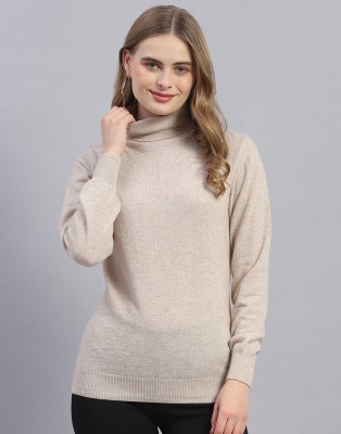 MONTE CARLO Solid High Neck Casual Women Beige Sweater