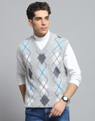MONTE CARLO Self Design V Neck Casual Men Grey Sweater