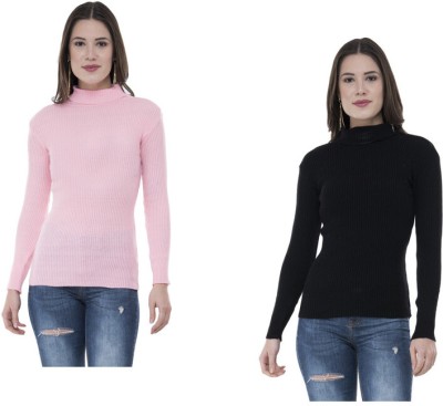 Indistar Solid High Neck Casual Women Pink, Black Sweater