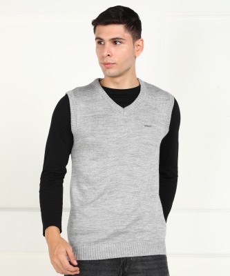 Billion Solid V Neck Casual Men Grey Sweater