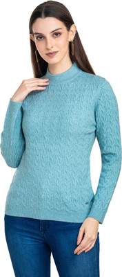 MODA ELEMENTI Solid High Neck Casual Women Blue Sweater