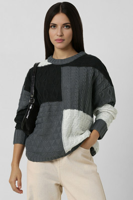 VAN HEUSEN Colorblock Round Neck Casual Women Grey, White Sweater