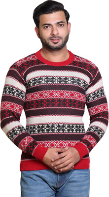 Grand Line Self Design Round Neck Casual Men Red Sweater
