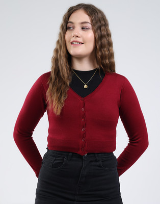 MONTE CARLO Solid, Self Design V Neck Casual Women Maroon Sweater