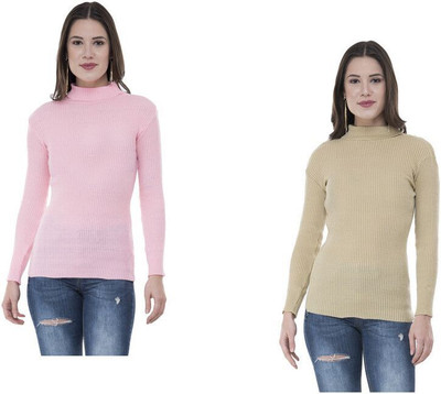 Indeweaves Solid High Neck Casual Women Pink, Beige Sweater