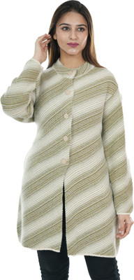 Woolly Striped Round Neck Casual Women Beige Sweater
