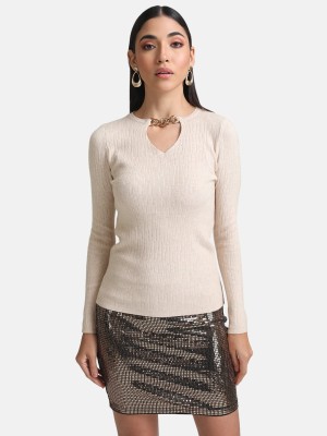 KAZO Solid Round Neck Casual Women Beige Sweater