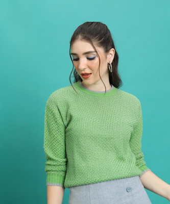 Tokyo Talkies Self Design Round Neck Casual Women Green Sweater