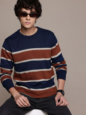 Roadster Striped Round Neck Casual Men Blue Sweater