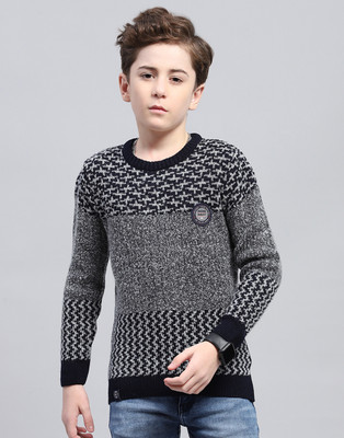 MONTE CARLO Self Design Round Neck Casual Boys Black Sweater