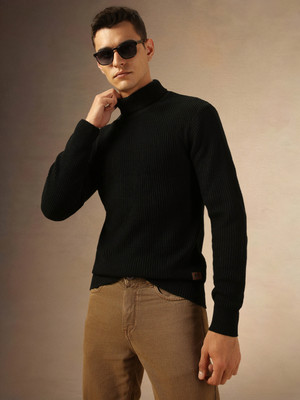 Dennis Lingo Self Design Turtle Neck Casual Men Black Sweater