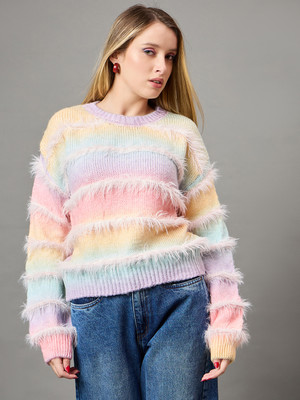 KASMA Self Design Round Neck Casual Women Multicolor Sweater