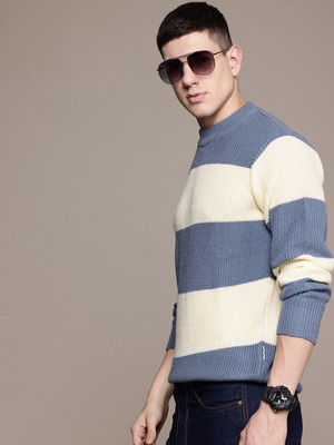 Roadster Striped Round Neck Casual Men Blue Sweater