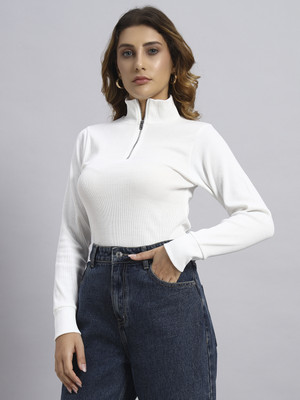 RESILIENCE Striped High Neck Party Women White Sweater