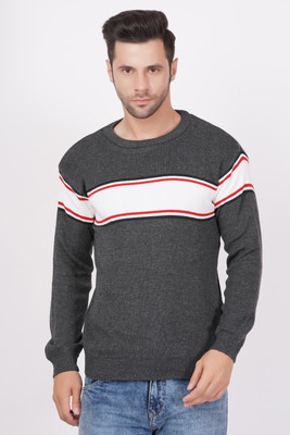 AXOLOTL Striped Round Neck Casual Men Grey Sweater