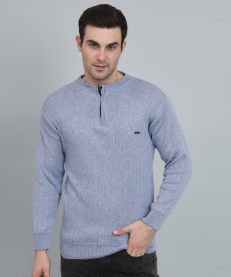 Krew Solid Round Neck Casual Men Blue Sweater