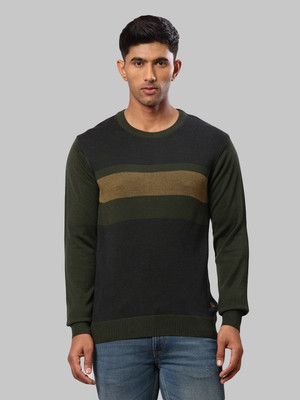 Raymond Solid Round Neck Casual Men Dark Green Sweater