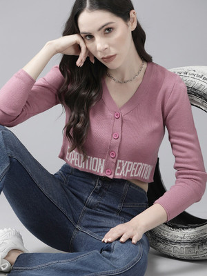 Roadster Solid V Neck Casual Women Purple Sweater